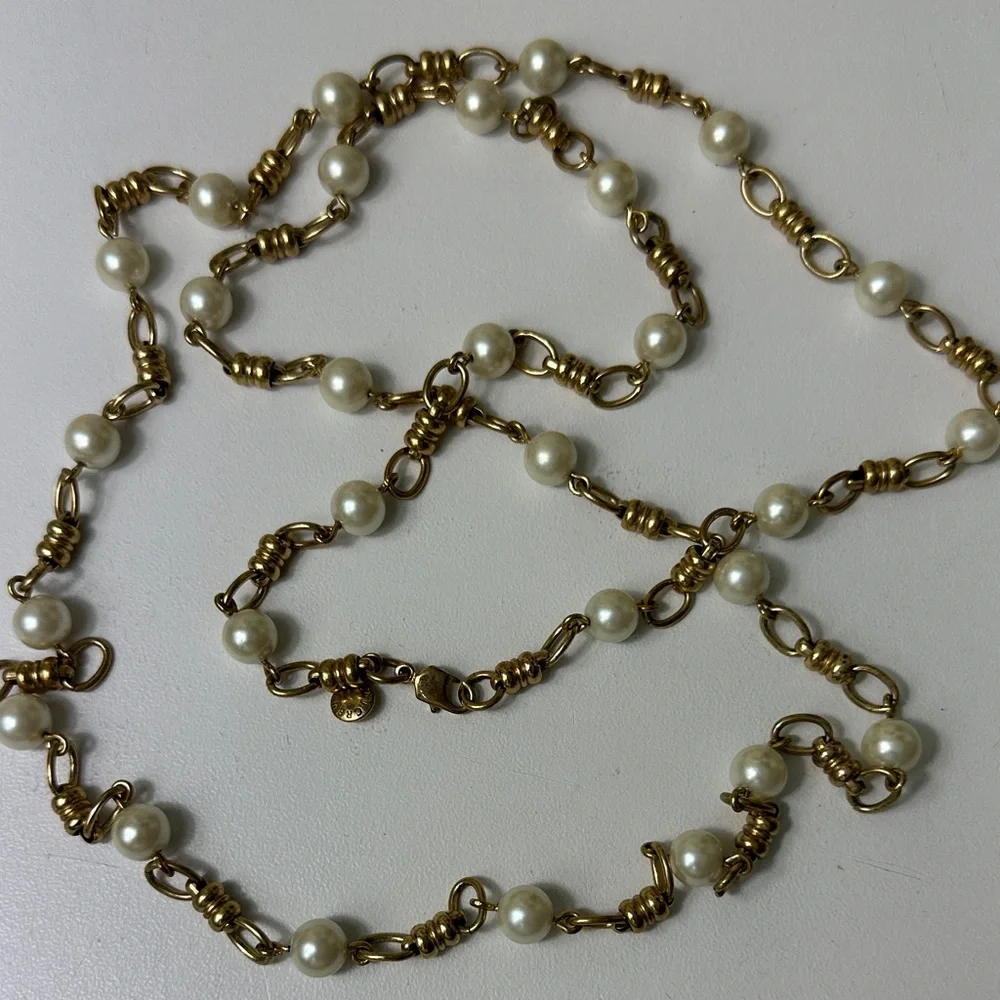 J.Crew Gold Pearl Station Long Necklace - Elegant Pearl Chain - Picture 1 of 5